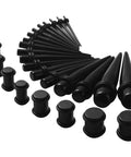 All In One Ear Stretching Kit 14G To 00G With 50 Pieces Acrylic Tapers Silicone Tunnels Plugs Gauges Expander Set For Piercing Jewelry For Men And Women Starter Pack black acrylic tapers and plugs arranged by size