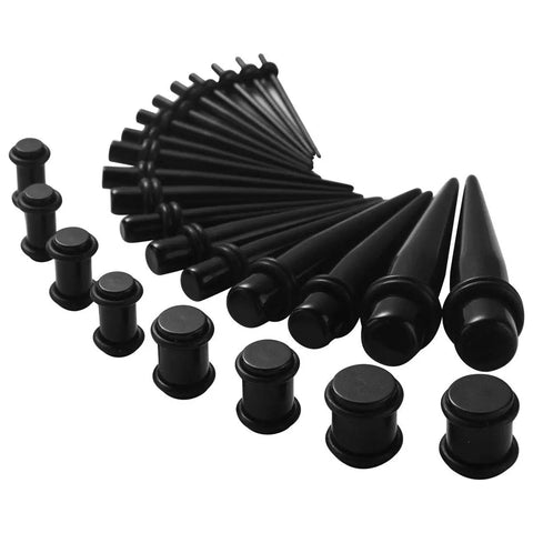 All In One Ear Stretching Kit 14G To 00G With 50 Pieces Acrylic Tapers Silicone Tunnels Plugs Gauges Expander Set For Piercing Jewelry For Men And Women Starter Pack black acrylic tapers and plugs arranged by size