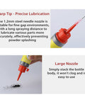 Graphite Powder Lubricant For Locks Hinges And Tools One Ounce Sixty Milliliters Ultra Fine Dry Film Lube 3000 Mesh Quick Acting Dust Free Reduces Friction Seventy Percent With Pointed Tip For Padlocks Cars Doors And Tools shown with sharp tip nozzle and large nozzle for precise application.
