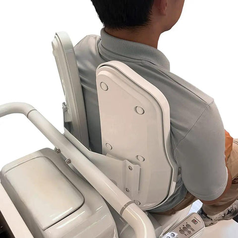 Two Panel Backrest Toilet Support For Elderly And Handicap Access, Totally Comfortable Lumbar Back Aid shown in bathroom use