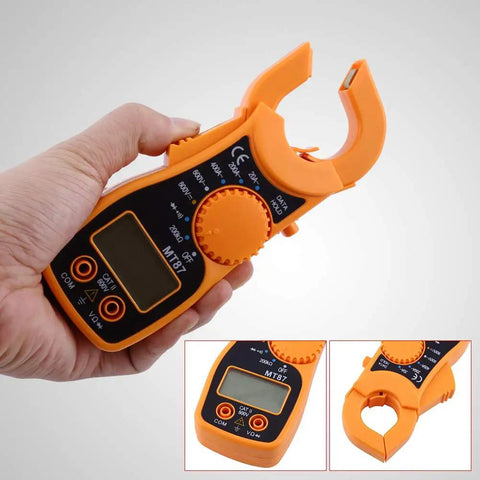 Hand holding Digital Clamp Multimeter With Large LCD Display For AC And DC Voltage Current And Resistance Testing Handy Workhorse Clamp Tester