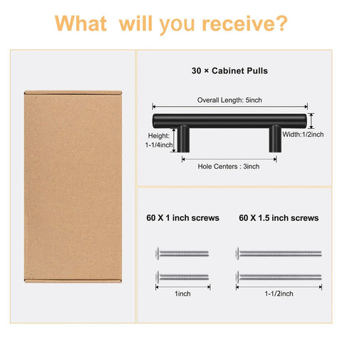 Box contents showing 30 Pack 5 Inch Cabinet Handles Matte Black Stainless Steel Drawer Pulls with screws and measurements.