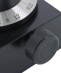 Close-up of Hella Sturdy 5C Angle End Mill Grinding Fixture adjustment knob and scale for smooth edge sharpening.