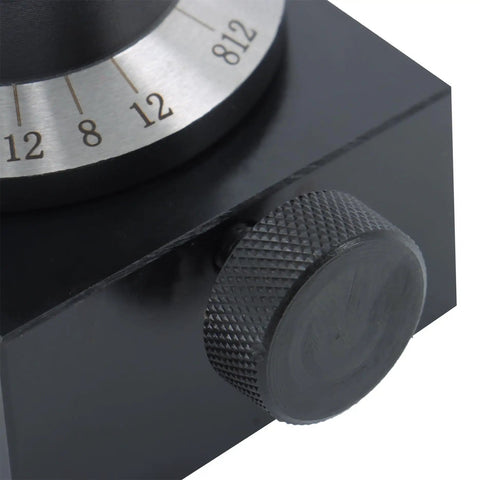 Close-up of Hella Sturdy 5C Angle End Mill Grinding Fixture adjustment knob and scale for smooth edge sharpening.