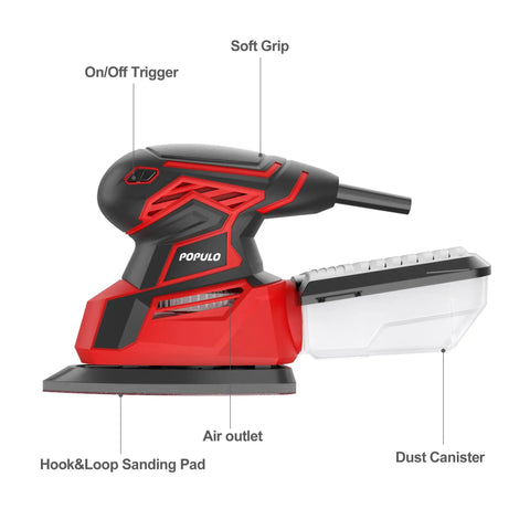 Powerful Hand Sander For Woodworking, 14,000 OPM Detail Sander With Vacuum Dust Box, 12 Sandpapers Included, side view