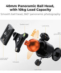 Detailed view of 40mm panoramic ball head components for Travel Ready 63 Inch Aluminum Camera Tripod With Phone Holder.