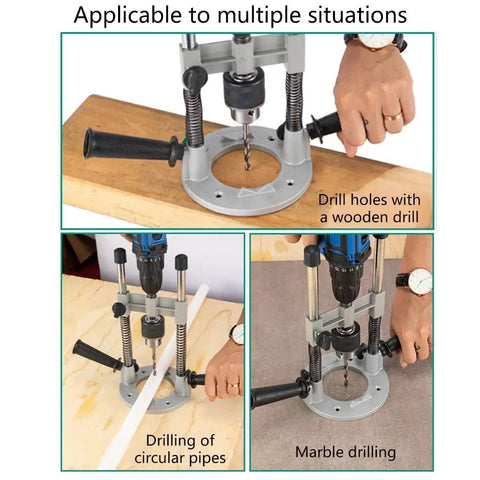 Pro Grade Drill Press Jig for boss level precision in vertical and 90 degree angled boring on wood, pipe, and marble surfaces