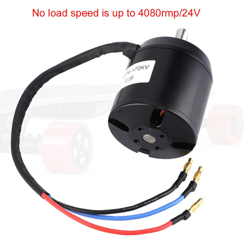 Premium Brushless Hub Motor for Electric Skateboards and Scooters Featuring Sensorless Control and 3000 Watt Power 170 KV Rating close-up of motor and wiring.