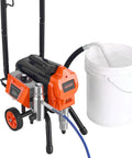 Pro Level Stand Airless Paint Sprayer With Sturdy Rolling Cart 1500W Motor Pumps Out 3300 Psi with hose and bucket.