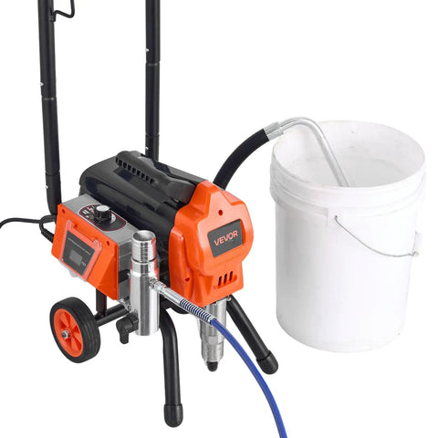 Pro Level Stand Airless Paint Sprayer With Sturdy Rolling Cart 1500W Motor Pumps Out 3300 Psi with hose and bucket.