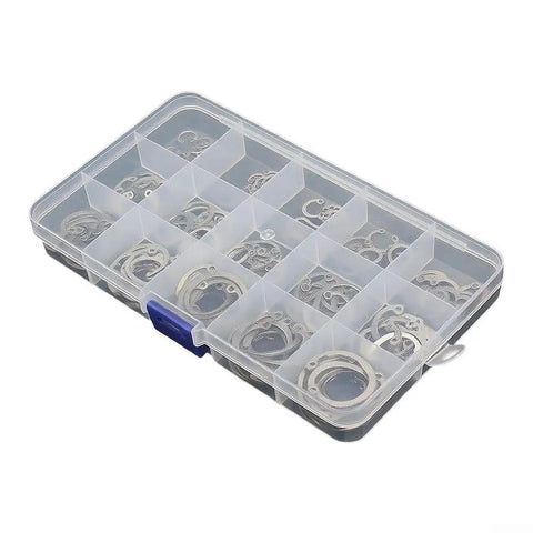Heavy Duty E-Type Snap Ring Set Made From Super Strong 65Mn Manganese Alloy Steel in organized container for easy access.