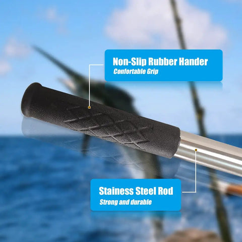 Close-up of the Telescopic Fish Gaff With 5 Tooth Harpoon Replaceable Stainless Steel Fork 5Ft Extendable Rod handle and rod.