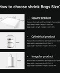 How to choose shrink bags size guide for square, cylindrical, and irregular products featuring measurement tips.