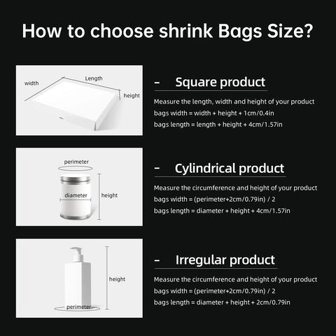 How to choose shrink bags size guide for square, cylindrical, and irregular products featuring measurement tips.