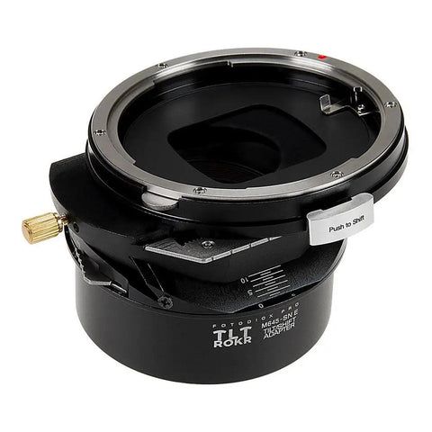 TLT ROKR Tilt Shift Lens Mount Adapter For Mamiya 645 MF Lenses To Sony E Mount Cameras With Infinity Focus, Up To 20mm Shift, 10 Degree Tilt, 360 Degree Rotation, Built For Sony Mirrorless black metal adapter with shift control