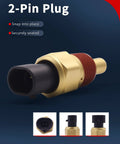 Side view of VEHICODE engine coolant temperature sensor with brass body, red threaded section and 2-pin connector