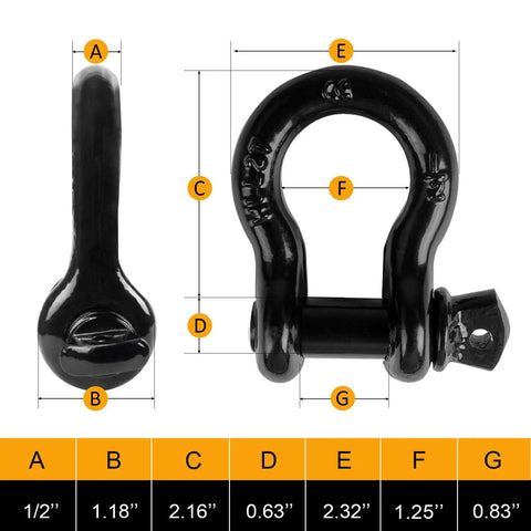 Dimensions and close-up of Beefy Half Inch D Ring Bow Shackle With Screw Pin Clevis Four Pack For Jeeps ATVs Trucks And Trailers 2 Ton Working Load Limit Heavy Duty Recovery Gear