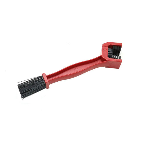 Red plastic brush from Bike And Motorcycle Chain Cleaning Brush Set, 2 Pack, 10 Inch Plastic Brushes in red and blue for tackling tough grime