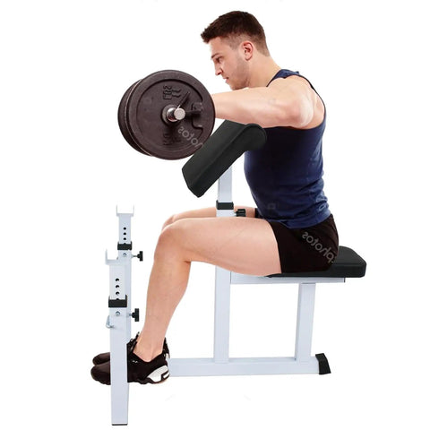 Man using Preacher Curl Bench Adjustable Arm Curl Bench For Bicep Isolation Home Gym Strength Training, heavy duty steel, 550 lb capacity