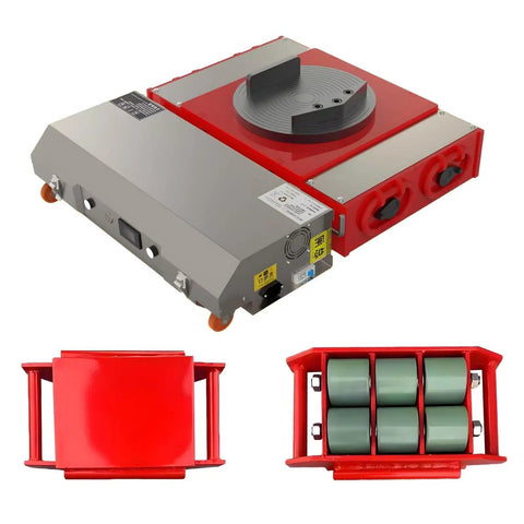 Heavy Duty 120 Ton Electric Machine Dolly Skate Kit With Auxiliary Wheels For Industrial Equipment Transport featuring 360 Rotating Remote Control Mover and thickened steel build, showing the unit and skates.