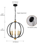 Dimensions and design of the Five Light Farmhouse Pendant Lantern Chandelier In Black With Adjustable Height Chain.