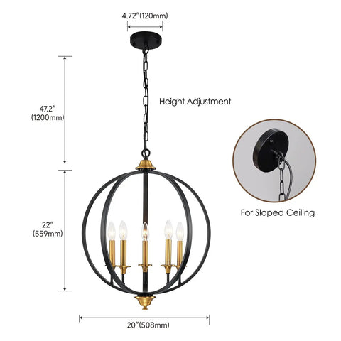 Dimensions and design of the Five Light Farmhouse Pendant Lantern Chandelier In Black With Adjustable Height Chain.