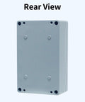 Rear view of Heavy Duty Aluminum Alloy Junction Box With IP66 Waterproof Seal Provides Rock Solid Gray Enclosure Built Like A Tank For Tough Outdoor Electrical Projects Measures Six By Four By Three Inches.