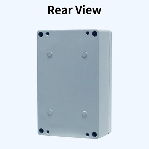Rear view of Heavy Duty Aluminum Alloy Junction Box With IP66 Waterproof Seal Provides Rock Solid Gray Enclosure Built Like A Tank For Tough Outdoor Electrical Projects Measures Six By Four By Three Inches.