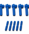 Sleek 5 Piece Brake Bleeder Connector Kit With Hose Adapter And Coupler Fittings For Cars Trucks SUVs To Make Fluid Changes Fast And Mess Free Blue, blue plastic adapters shown in two sizes