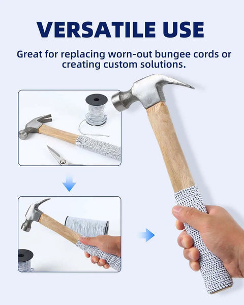 Person wrapping hammer handle with 1/8 Inch By 100 Feet Bungee Cord Elastic Shock Cord For Kayak, DIY Projects, Tie Downs, And Crafts.