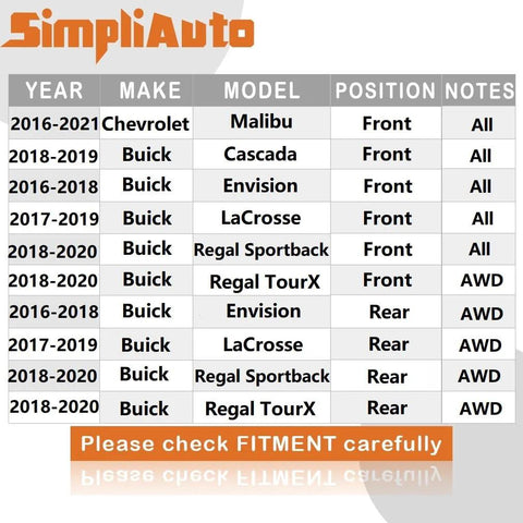 Wheel Hub And Bearing Assembly 5 Lug With ABS Fits Chevy Malibu 2016-2021 And Buick Envision 2016-2018 LaCrosse 2017-2019 Cascada 2018-2019 Regal Sportback TourX Regal 2018-2020 Front And Rear AWD Compatible fitment chart