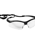 Hella Durable Lightweight Safety Glasses With Clear Polycarbonate Lenses And Sleek Black Frames with strap for secure fit.