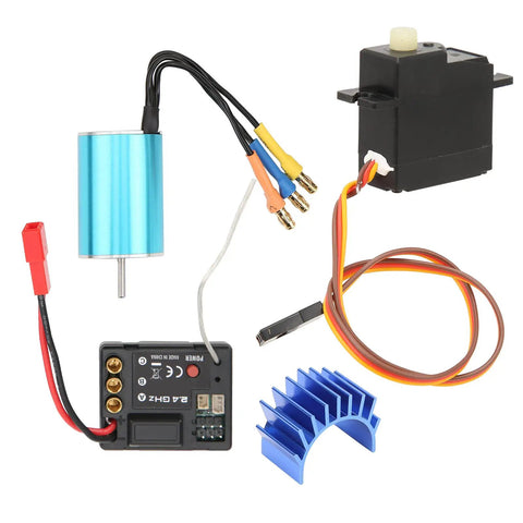 Smooth Operator Brushless Motor Esc Servo Combo With Upgraded Cooling System For Radio Control Cars, includes motor, ESC, and cooling fins.