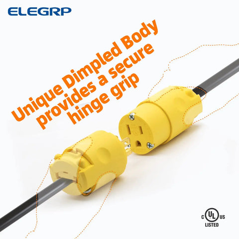 Electrical Plug And Receptacle Set 15 Amp 125 Volt NEMA 5 15P 5 15R Grounding 2 Pole 3 Wire Commercial Grade Yellow with Dimpled Body
