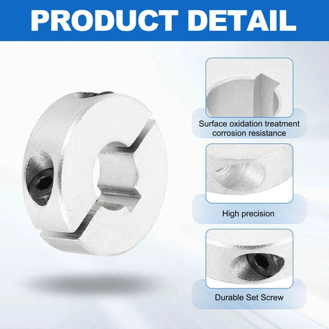 Two Pack Shaft Collar Set With Half Inch Bore Built Tough Heavy Duty Double Split Design One And Three Sixteenths Inch Outer Diameter Three Eighths Inch Thick Aluminum Clamping Style Locking Collars For CNC Machines, Conveyors, And Machinery silver aluminum split shaft collar with set screw