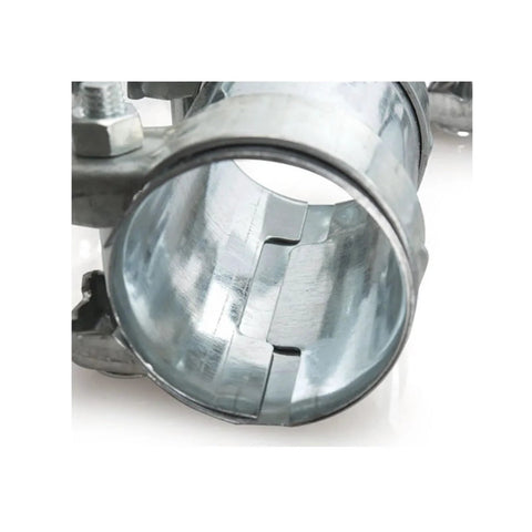Metal exhaust pipe sleeve clamp for 1.5–3.0 inch tubes, 95mm length, interior locking tabs visible