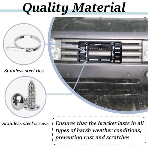 Front License Plate Mounting Bracket With Hardware And Zip Ties Universal Vehicle Tag Frame Kit with stainless steel ties and screws