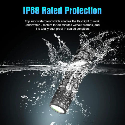 Keychain Flashlight EDC15 760 Lumens Mini Pocket Flashlight demonstrating IP68 waterproof feature underwater with splash.
