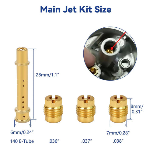 Carburetor jet kit components for Number 8 Flywheel Timing Key, Predator 212cc engines, showing E-Tube and jets with sizes.