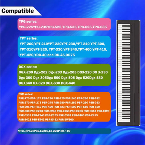 Compatible Yamaha keyboard models list next to a digital piano, including DGX, PSR, and other series.