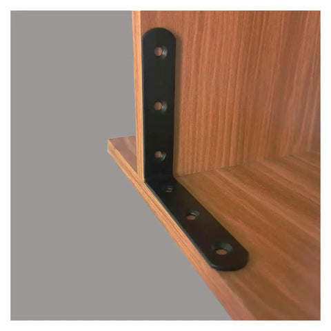 Slick Black Metal Corner Brackets For Shelves And Cabinets L Shaped wall support installed on wooden shelf for added stability.