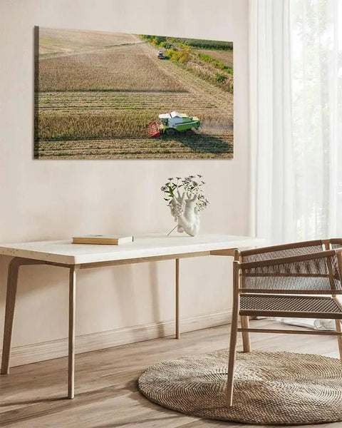Maize Field Aerial View Combine Harvester Canvas Wall Art 20x30 Inch Print in modern living room decor