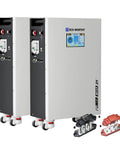 Two Powermega 48V 314Ah LiFePO4 Battery Energy Storage Systems with LCD display and additional components shown.