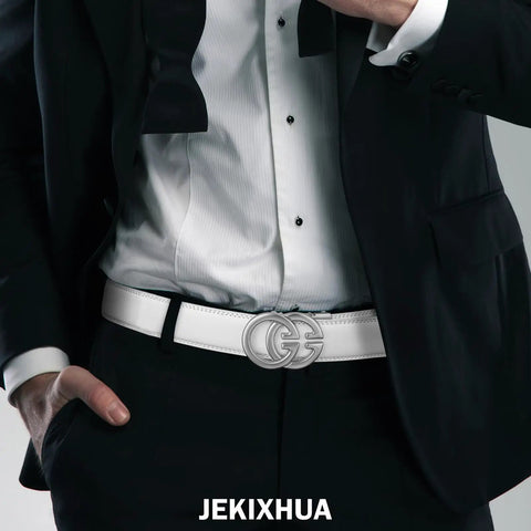 Mens Leather Ratchet Belt With Luxury Designer Buckle, Adjustable Dress Belt For A Perfect Fit, S White 1 Color, 26 To 45 Inch Waist