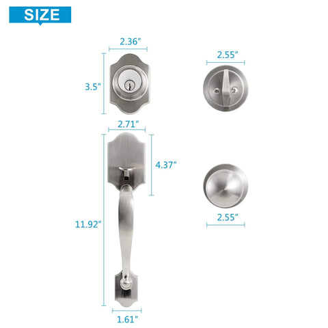 Front Door Handle Set With Deadbolt Lock, Single Cylinder Entry Lockset, Curved Or Straight Handle Options, Lower Half Grip Round Knob, Silver Finish, Great For Home Or Business Doors, Adjustable Two And Three Eighths Inch Latch