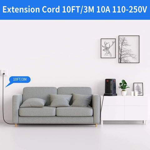 Heavy Duty Surge Protector Power Tower With 5 USB Ports And Night Light, 10 Ft Extension Cord And 12 AC Outlets next to sofa