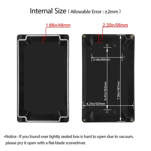 Internal view of IP65 Waterproof ABS Plastic Junction Box For Electronics Projects with dimensions 7.7x4.6x4.3 inches, black.