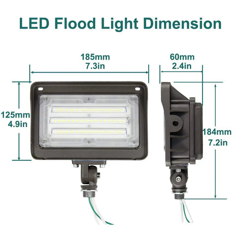 Outdoor LED Flood Light 50W With 6500 Lumens 5000K Daylight, Waterproof Knuckle Mount dimension details, front and side view.