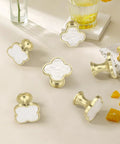 Six Pack White Dresser Knobs Set Featuring Pearl Clover Design With Gold Finish For Cabinets And Drawers Includes Durable Hardware