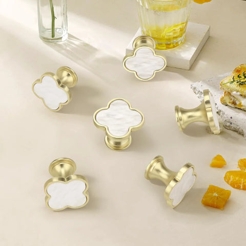 Six Pack White Dresser Knobs Set Featuring Pearl Clover Design With Gold Finish For Cabinets And Drawers Includes Durable Hardware